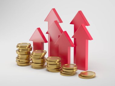 Money profit. Coins chart with arrow. Banking income. 3d rendering