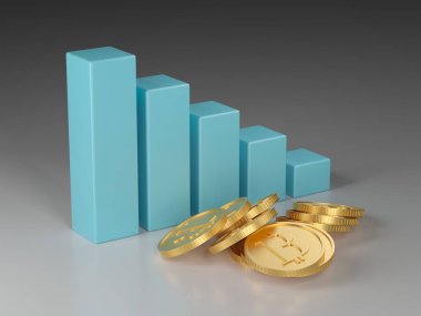 Golden bitcoins and success bar graph. Crypto btc digital marketing. 3d rendering