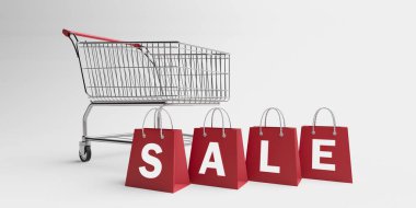 SALE concept with trolley cart and shopping bags. 3d rendering