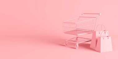 Shopping cart or trolley with paper bags. 3d rendering