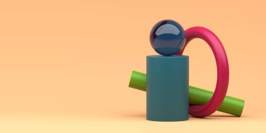 Geometric shapes in impossible balance. Backdrop design for product promotion. 3d rendering