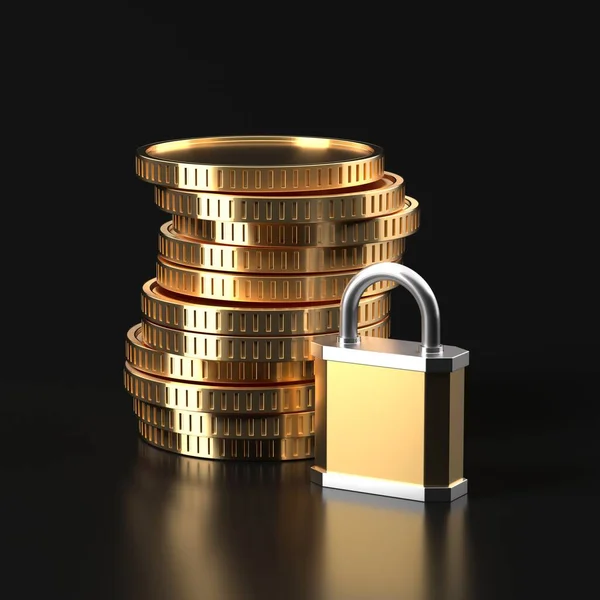 Veiligheidsconcept Geld Munt Met Hangslot Financiële Bescherming Veiligheid Verzekering Destructie — Stockfoto