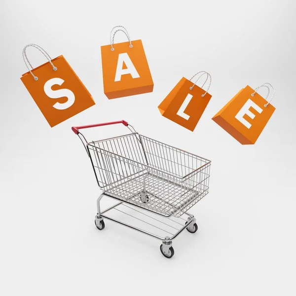 Sale Concept Trolley Cart Shopping Bags Rendering — Stock Photo, Image