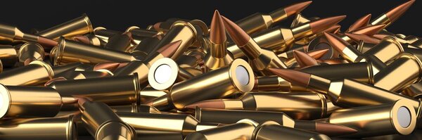 Rifle bullets ammunition background. Military technology banner. 3d rendering