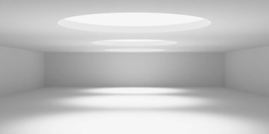 Minimalist oda alanı. Beyaz, temiz, içi boş bir mimari. 3d oluşturma