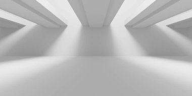 Minimalist oda alanı. Beyaz, temiz, içi boş bir mimari. 3d oluşturma