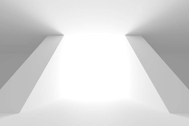 Minimalist oda alanı. Beyaz, temiz, içi boş bir mimari. 3d oluşturma
