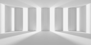 Minimalist oda alanı. Beyaz, temiz, içi boş bir mimari. 3d oluşturma