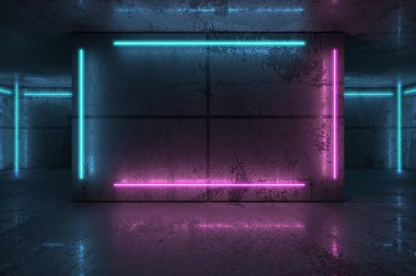 Karanlık odada neon ve neon ışıklar. Fütürist bilimkurgu parlayan ışıkları. 3d oluşturma