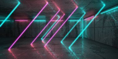 Karanlık odada neon ve neon ışıklar. Fütürist bilimkurgu parlayan ışıkları. 3d oluşturma
