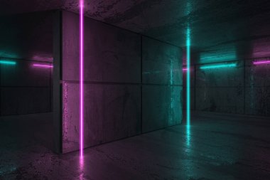 Karanlık odada neon ve neon ışıklar. Fütürist bilimkurgu parlayan ışıkları. 3d oluşturma