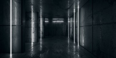 Karanlık odada neon ve neon ışıklar. Fütürist bilimkurgu parlayan ışıkları. 3d oluşturma