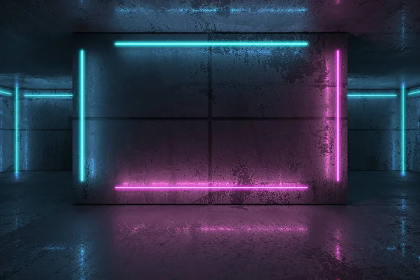 Travi Neon Neon Nella Stanza Buia Luci Luminose Fantascientifiche Futuristiche — Foto Stock
