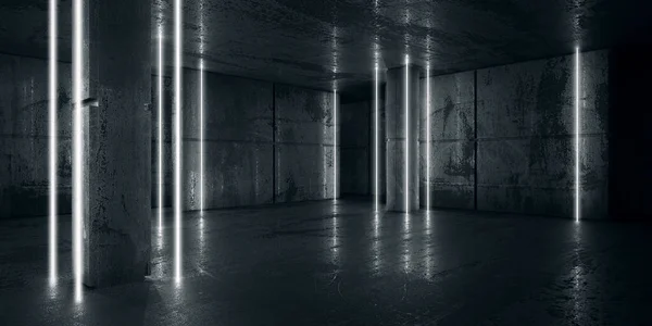 Φωτεινά Φώτα Γραμμής Νέον Άδειο Σκοτεινό Δωμάτιο Σκηνή Γκαράζ Σκυροδέματος — Φωτογραφία Αρχείου