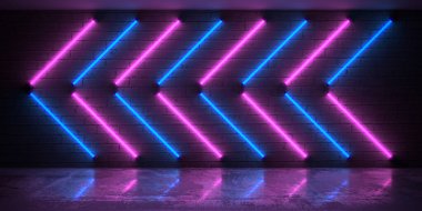 Kara Tuğla Duvarda Mor ve Mavi Neon Işıklar. 3d Hazırlama
