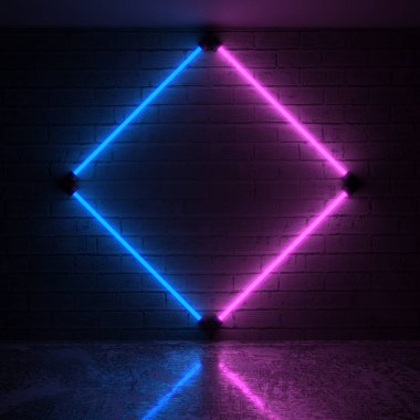 Kara Tuğla Duvarda Mor ve Mavi Neon Işıklar. 3d Hazırlama