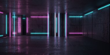 Karanlık odada neon ve neon ışıklar. Fütürist bilimkurgu parlayan ışıkları. 3d oluşturma
