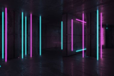 Karanlık odada neon ve neon ışıklar. Fütürist bilimkurgu parlayan ışıkları. 3d oluşturma
