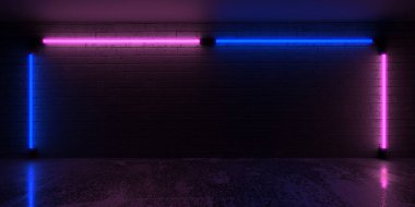 Kara Tuğla Duvarda Mor ve Mavi Neon Işıklar. 3d Hazırlama