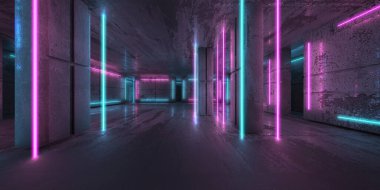 Neon ve mavi neon ışıklar karanlık odada. Işık çizgileri olan fütürist bilimkurgu modern iç mekan. 3d oluşturma