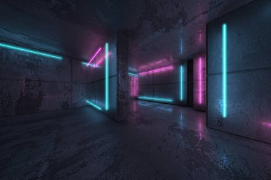 Neon ve mavi neon ışıklar karanlık odada. Işık çizgileri olan fütürist bilimkurgu modern iç mekan. 3d oluşturma