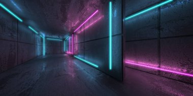 Neon ve mavi neon ışıklar karanlık odada. Işık çizgileri olan fütürist bilimkurgu modern iç mekan. 3d oluşturma