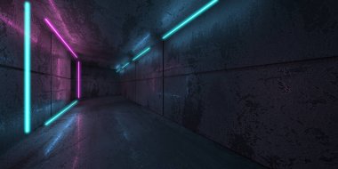 Karanlık odada neon ve neon ışıklar. Fütürist bilimkurgu parlayan ışıkları. 3d oluşturma