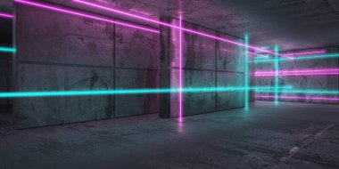 Neon ve mavi neon ışıklar karanlık odada. Işık çizgileri olan fütürist bilimkurgu modern iç mekan. 3d oluşturma