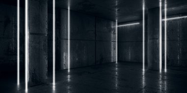Boş Karanlık Odadaki Neon Parlak Hat Işıkları. Somut Grunge Garaj Sahnesi 3D Yapılandırma