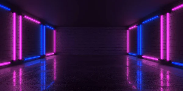 Neonowe Neonowe Wiązki Ciemnym Pokoju Futurystyczne Sci Świecące Światła Renderowanie — Zdjęcie stockowe