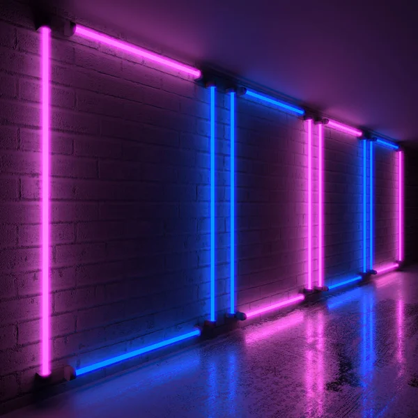 Fialová Modrá Neonová Světla Zdi Tmavých Cihel Vykreslování — Stock fotografie