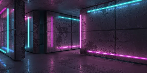 Neon Grinzi Neon Camera Întunecată Futurist Sci Lumini Strălucitoare Redare — Fotografie, imagine de stoc