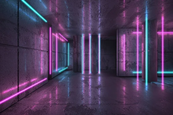 暗い部屋のネオンとネオンビーム 未来のSf光るライト 3Dレンダリング — ストック写真