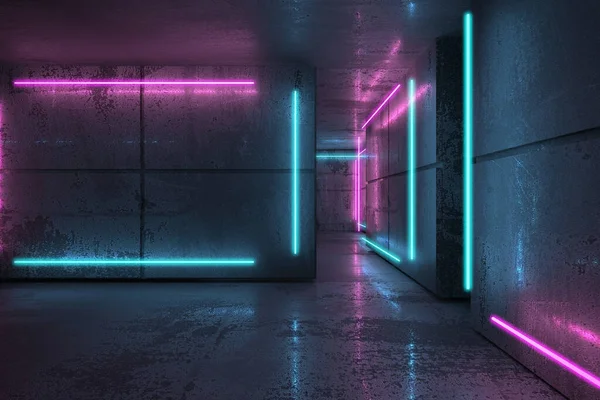 Neon Und Neonstrahlen Dunklen Raum Futuristische Sci Leuchten Darstellung — Stockfoto