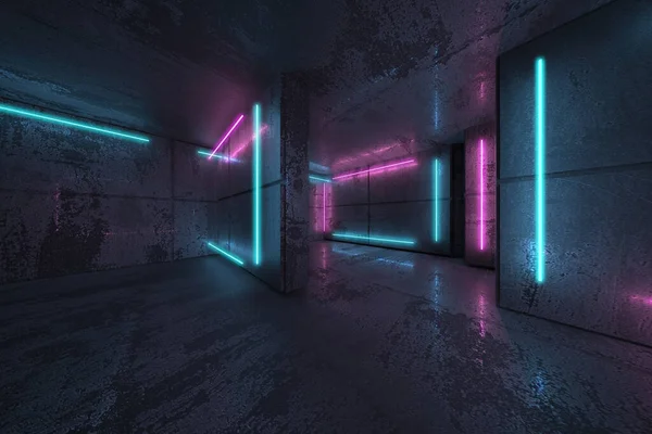 Neon Mavi Neon Işıklar Karanlık Odada Işık Çizgileri Olan Fütürist — Stok fotoğraf