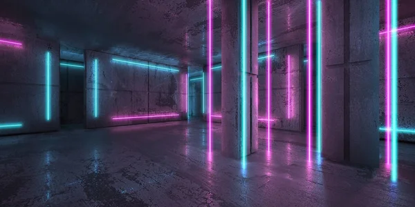 霓虹灯和霓虹灯在黑暗的房间里发出光芒 未来派科幻发光灯 3D渲染 — 图库照片