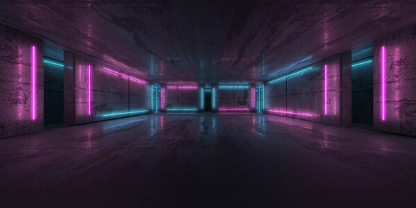 Neon and neon beams in the dark room. Futuristic Sci Fi glowing lights. 3d rendering