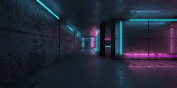 Feixes Néon Azul Néon Quarto Escuro Futurista Sci Interior Moderno — Fotografia de Stock