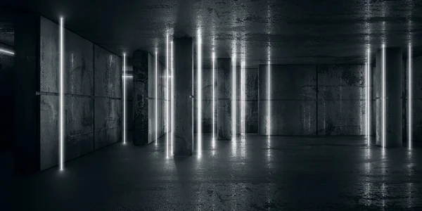 Neon Világító Vonal Fények Üres Sötét Szobában Beton Grunge Garázs — Stock Fotó