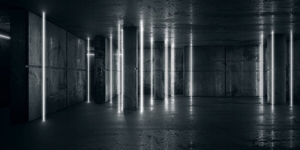 Neon Glowing Line Lights In Empty Dark Room. Concrete Grunge Garage Stage 3d Rendering