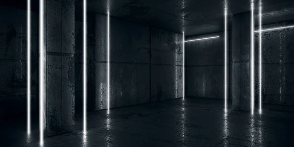 Luzes Linha Brilhantes Néon Quarto Escuro Vazio Garagem Grunge Concreto — Fotografia de Stock
