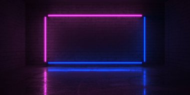 Kara Tuğla Duvarda Mor ve Mavi Neon Işıklar. 3d Hazırlama