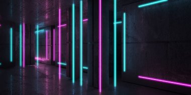 Karanlık odada neon ve neon ışıklar. Fütürist bilimkurgu parlayan ışıkları. 3d oluşturma