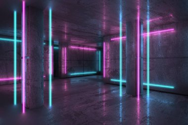 Neon ve mavi neon ışıklar karanlık odada. Işık çizgileri olan fütürist bilimkurgu modern iç mekan. 3d oluşturma
