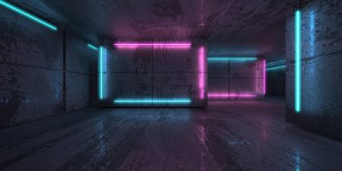 Karanlık odada neon ve neon ışıklar. Fütürist bilimkurgu parlayan ışıkları. 3d oluşturma