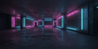 Karanlık odada neon ve neon ışıklar. Fütürist bilimkurgu parlayan ışıkları. 3d oluşturma