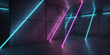 Karanlık odada neon ve neon ışıklar. Fütürist bilimkurgu parlayan ışıkları. 3d oluşturma
