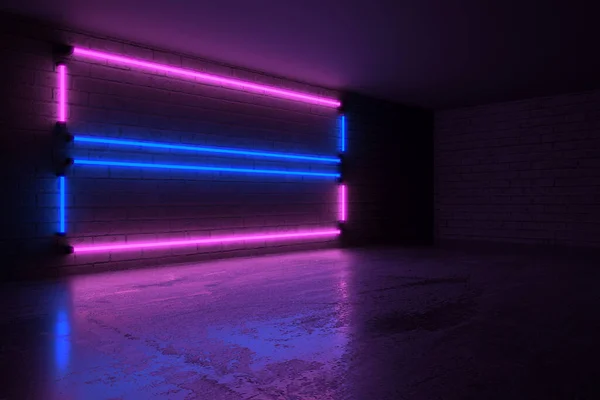 Kara Tuğla Duvarda Mor Mavi Neon Işıklar Hazırlama — Stok fotoğraf