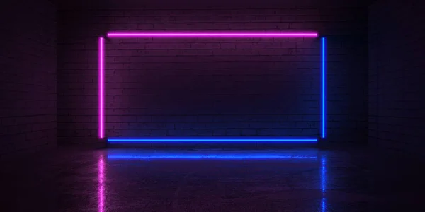 Kara Tuğla Duvarda Mor Mavi Neon Işıklar Hazırlama — Stok fotoğraf