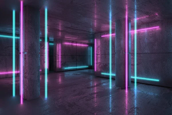 Neon Und Blaue Neonstrahlen Dunklen Raum Futuristisches Sci Modernes Interieur — Stockfoto